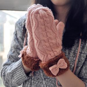 Bowtie Mitten Gloves With Faux Furs Cuff For Women..
