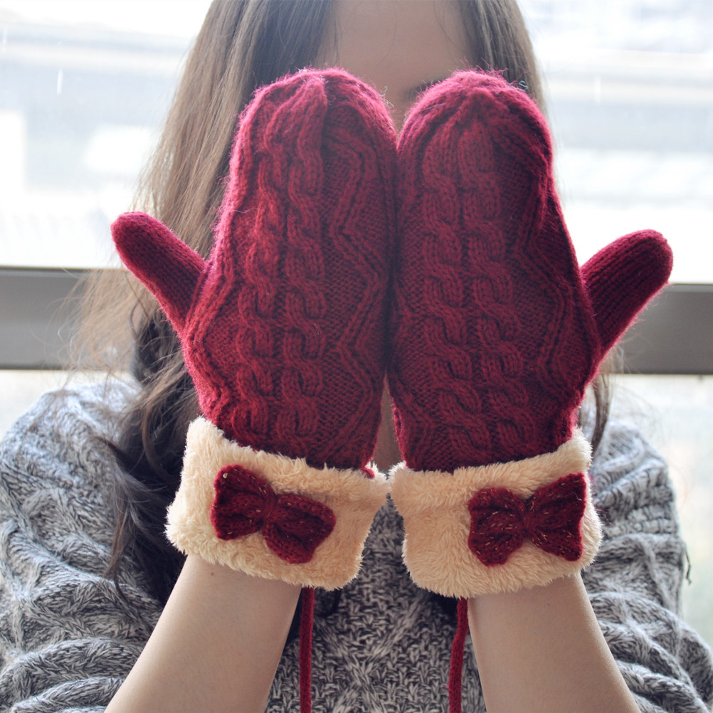 Bowtie Mitten Gloves With Faux Furs Cuff For Women G101411